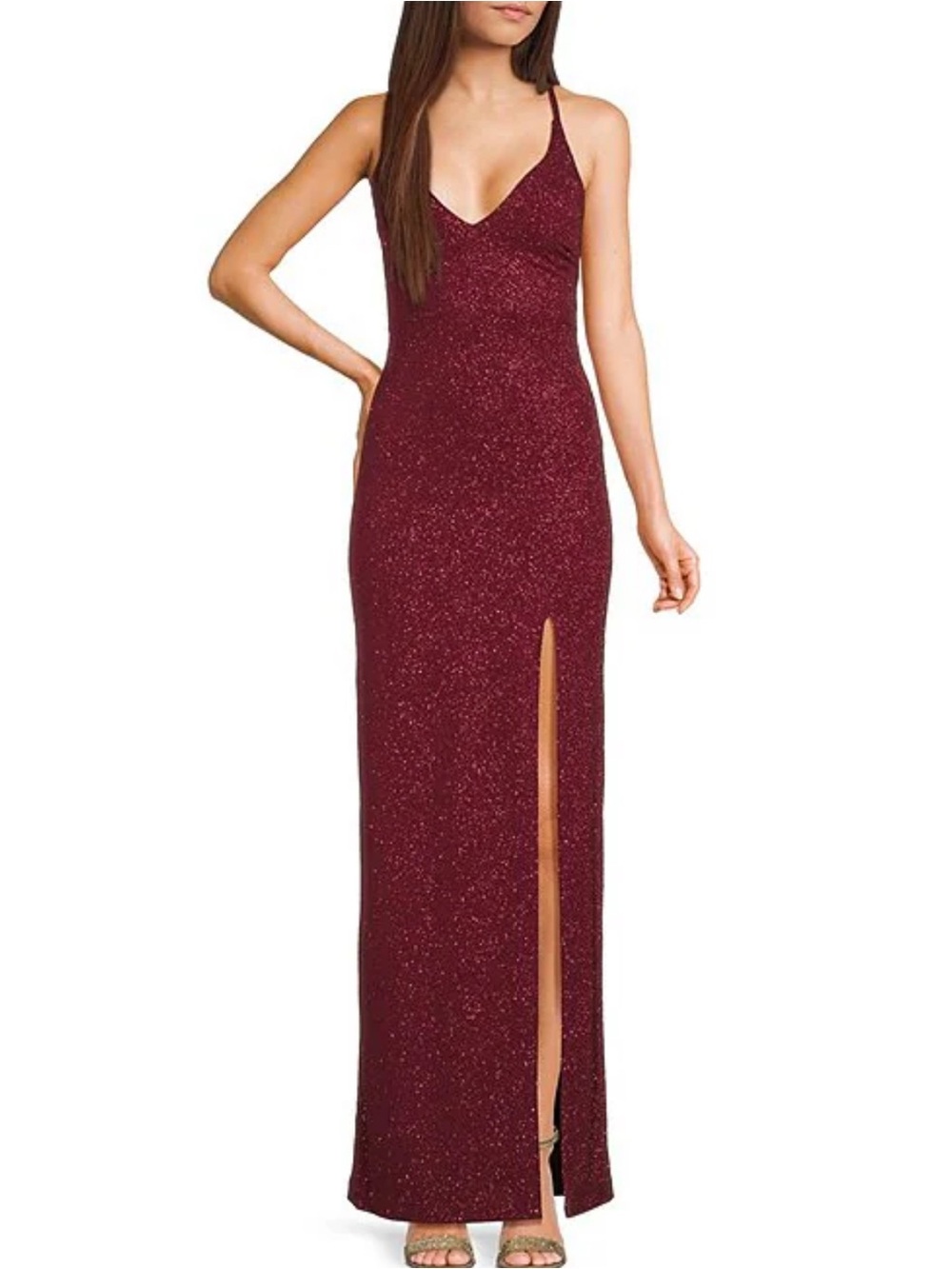 Sparkle Burgundy V-Neck Maxi Dress with Thigh Slit